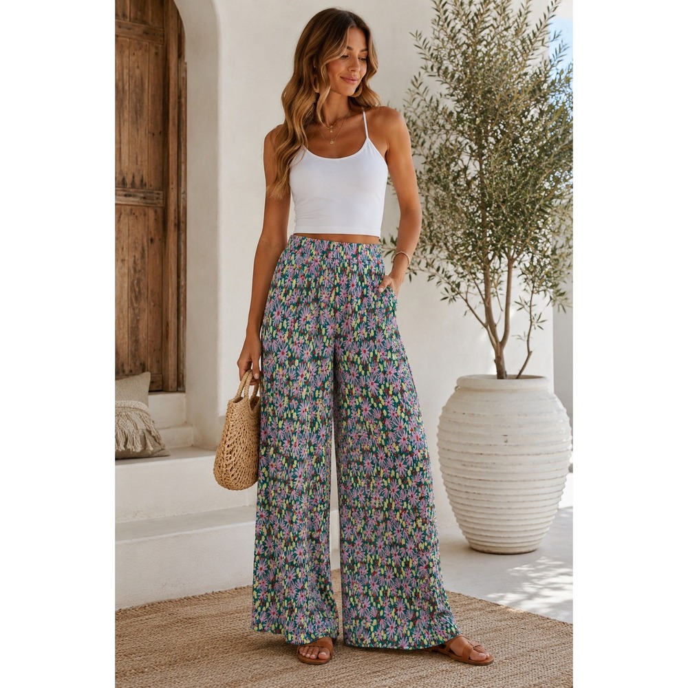 Bailey Rose Floral Plissé Wide Leg Pants Medium Pull On High Rise Palazzo Boho